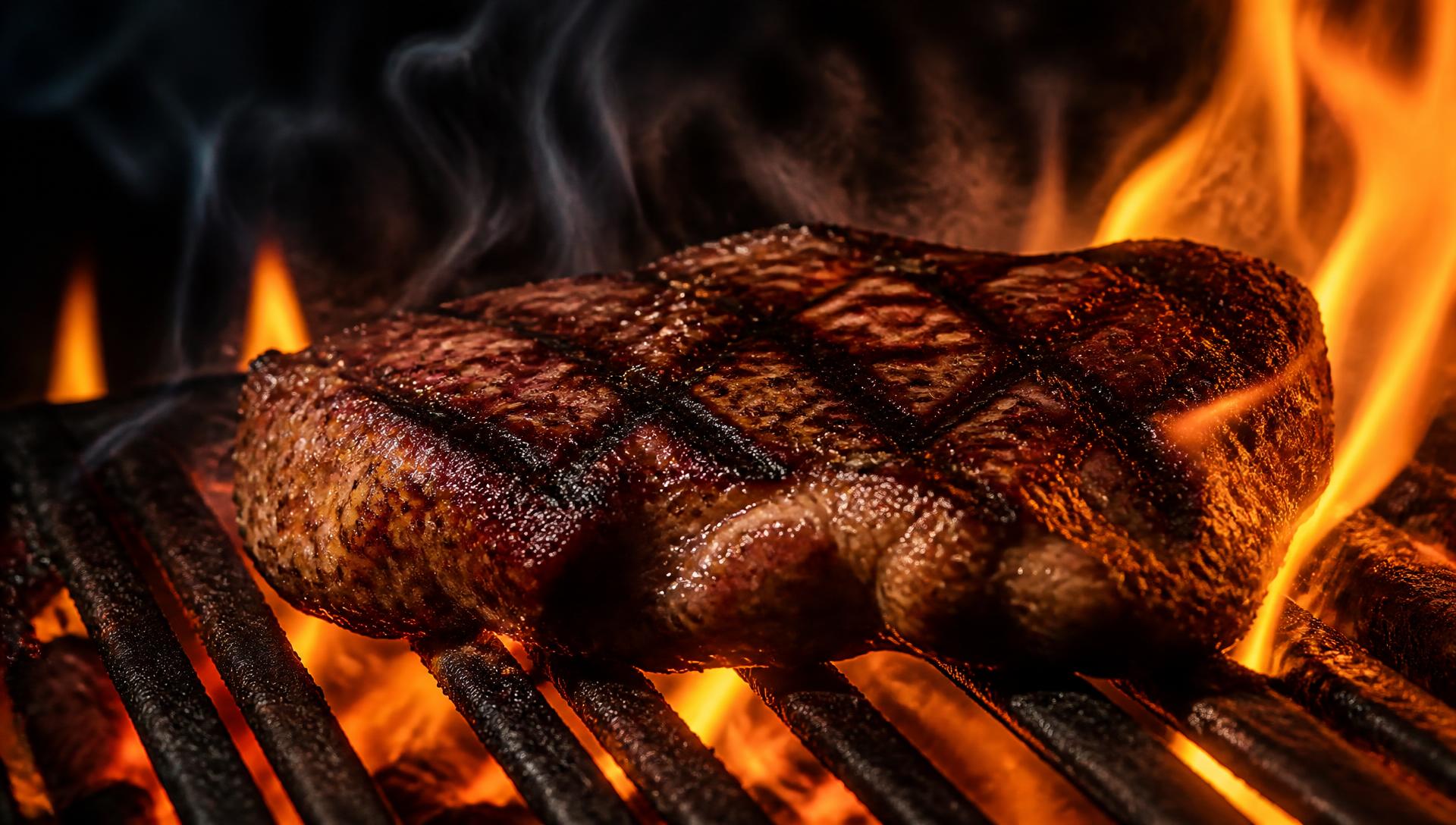 Sappig vlees met grillstrepen boven vlammen en gloeiende kolen